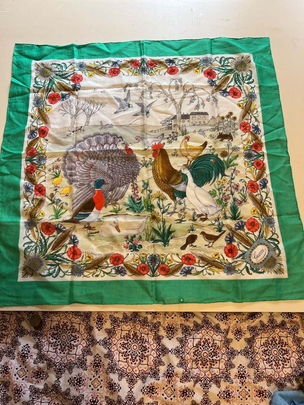 Gucci V.Accornero Farm Animals Cotton Scarf Green Floral Turkey